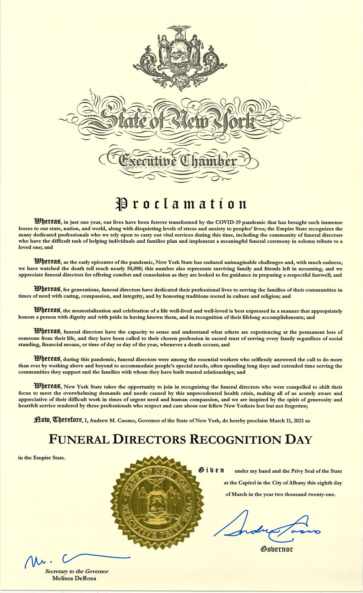 Governor Cuomo Declares March 11, 2021 'Funeral Directors Recognition Day' The Metropolitan